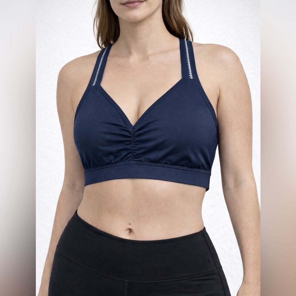 Handful Bra Women's XS Navy Blue Ruched Front Y Back Active Wear Gym Sports
